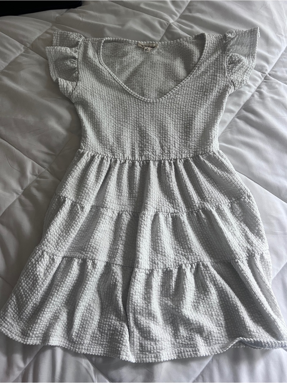Textured Tiered Mini Dress in Light Gray
